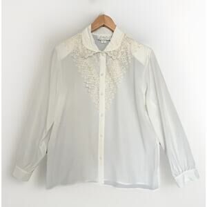 VTG Kathy Che Sheer Blouse Sz 14 Pearl Beaded Lace Shoulder Pads Romantic